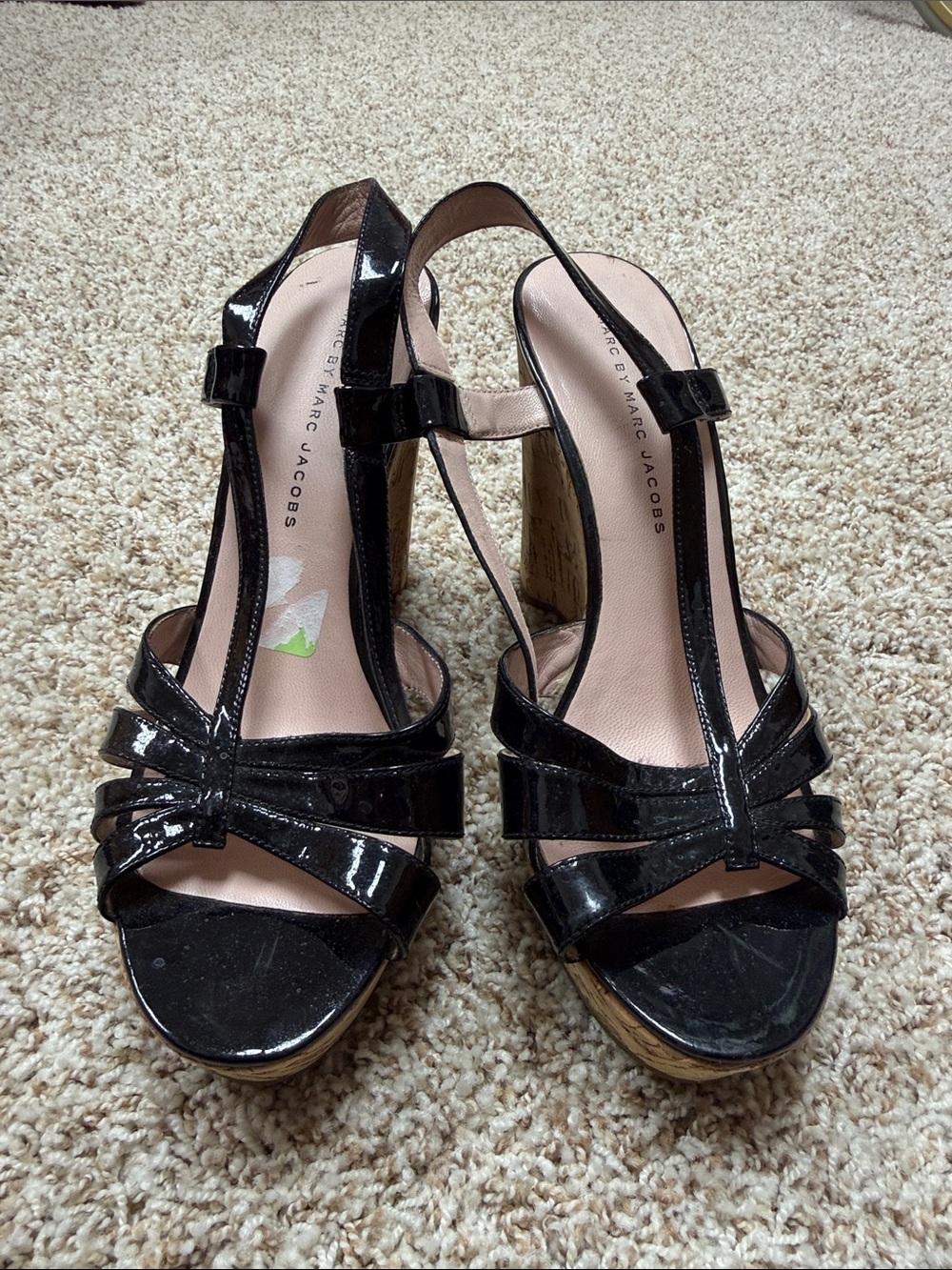 Marc by Marc Jacobs Black Patent Leather Cork Wedge Slingback Sandals Size 8.5